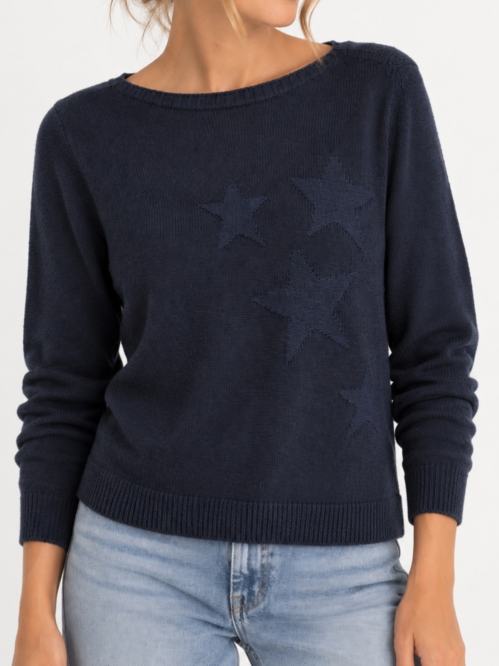 Olsen Europe Star Knit Crew Neck Sweater in Navy Sz M